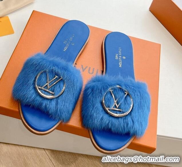 Unique Discount Louis Vuitton LV Mink Fur Flat Slide Sandals Blue 0320071