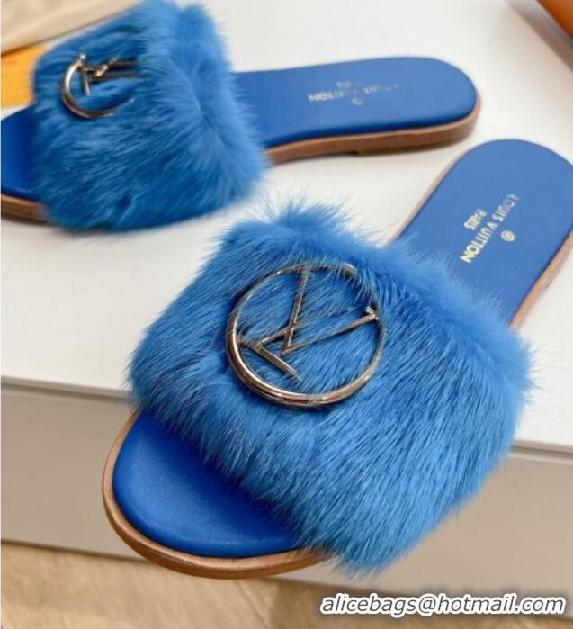 Unique Discount Louis Vuitton LV Mink Fur Flat Slide Sandals Blue 0320071