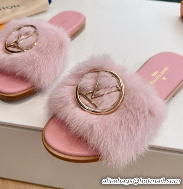 Charming Louis Vuitton LV Mink Fur Flat Slide Sandals Pale Pink 0320072