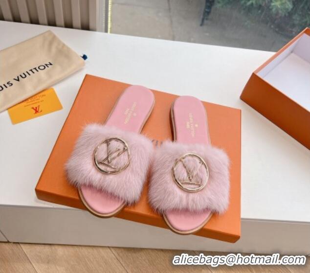 Charming Louis Vuitton LV Mink Fur Flat Slide Sandals Pale Pink 0320072