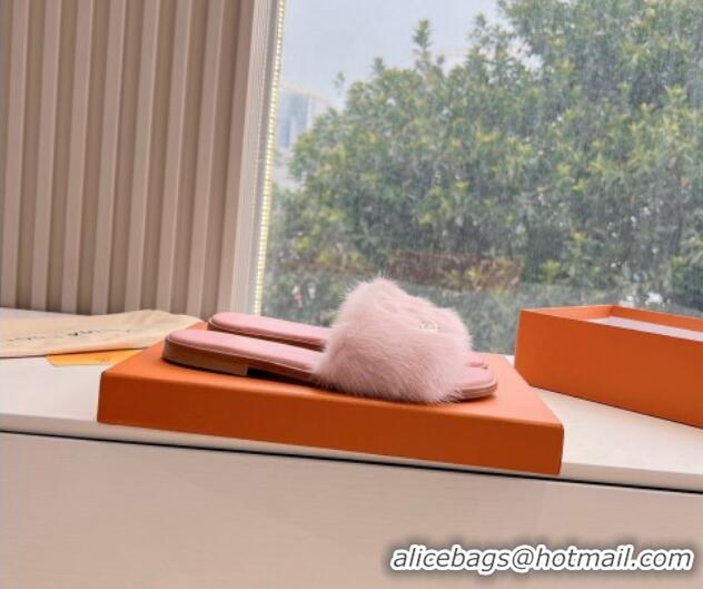 Charming Louis Vuitton LV Mink Fur Flat Slide Sandals Pale Pink 0320072