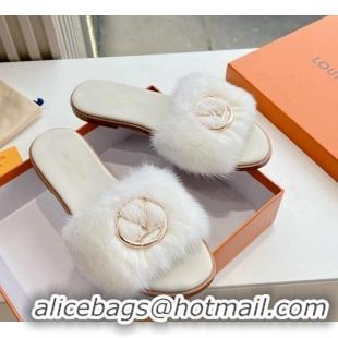 Classic Louis Vuitton LV Mink Fur Flat Slide Sandals White 0320073