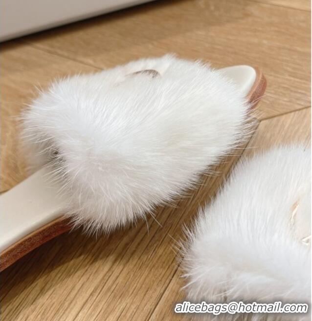 Classic Louis Vuitton LV Mink Fur Flat Slide Sandals White 0320073