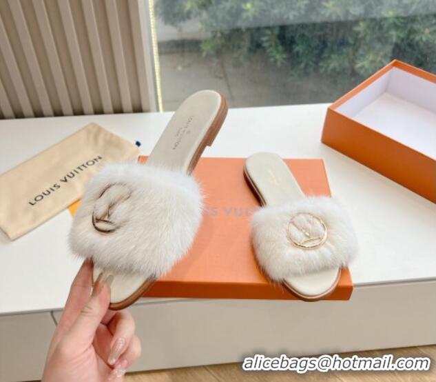 Classic Louis Vuitton LV Mink Fur Flat Slide Sandals White 0320073