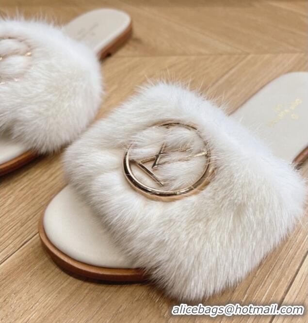 Classic Louis Vuitton LV Mink Fur Flat Slide Sandals White 0320073