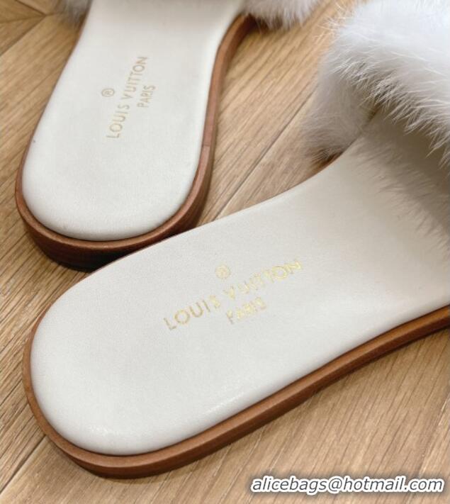 Classic Louis Vuitton LV Mink Fur Flat Slide Sandals White 0320073