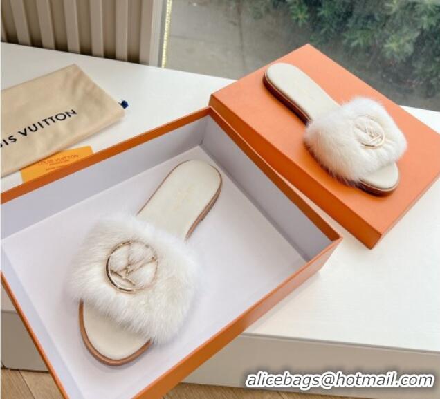 Classic Louis Vuitton LV Mink Fur Flat Slide Sandals White 0320073