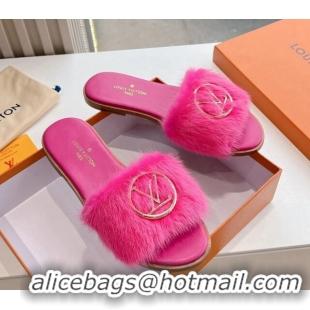 Classic Hot Louis Vuitton LV Mink Fur Flat Slide Sandals Dark Pink 0320074