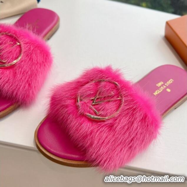 Classic Hot Louis Vuitton LV Mink Fur Flat Slide Sandals Dark Pink 0320074