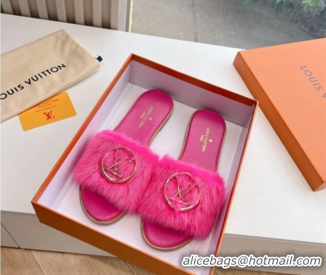 Classic Hot Louis Vuitton LV Mink Fur Flat Slide Sandals Dark Pink 0320074