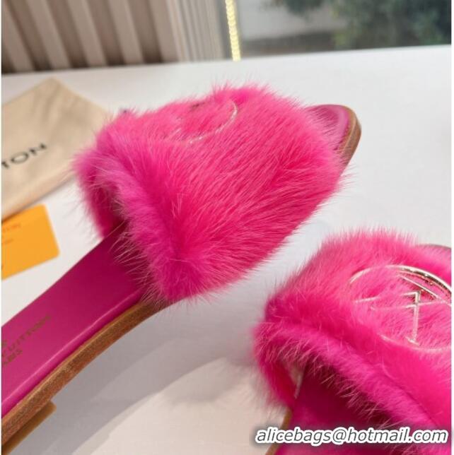 Classic Hot Louis Vuitton LV Mink Fur Flat Slide Sandals Dark Pink 0320074