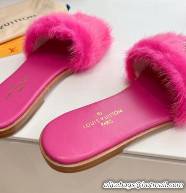 Classic Hot Louis Vuitton LV Mink Fur Flat Slide Sandals Dark Pink 0320074