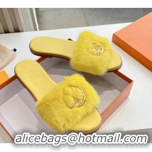 Best Grade Louis Vuitton LV Mink Fur Flat Slide Sandals Yellow 0320075