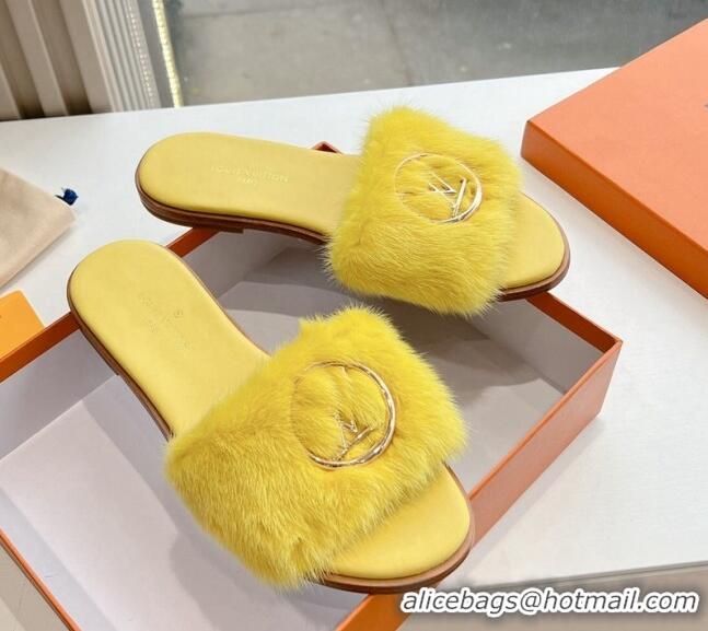 Best Grade Louis Vuitton LV Mink Fur Flat Slide Sandals Yellow 0320075