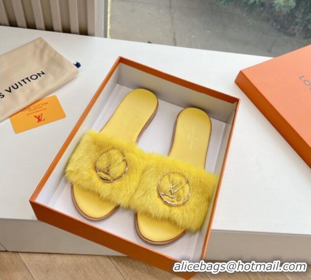 Best Grade Louis Vuitton LV Mink Fur Flat Slide Sandals Yellow 0320075