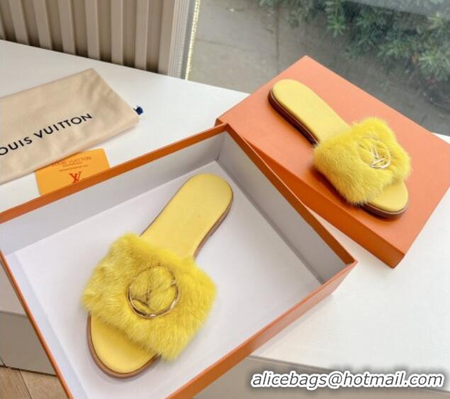 Best Grade Louis Vuitton LV Mink Fur Flat Slide Sandals Yellow 0320075