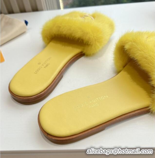 Best Grade Louis Vuitton LV Mink Fur Flat Slide Sandals Yellow 0320075