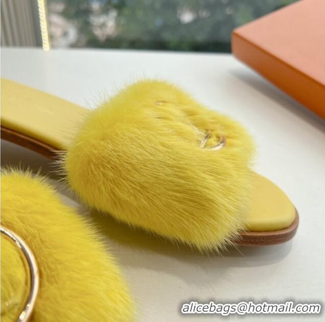 Best Grade Louis Vuitton LV Mink Fur Flat Slide Sandals Yellow 0320075