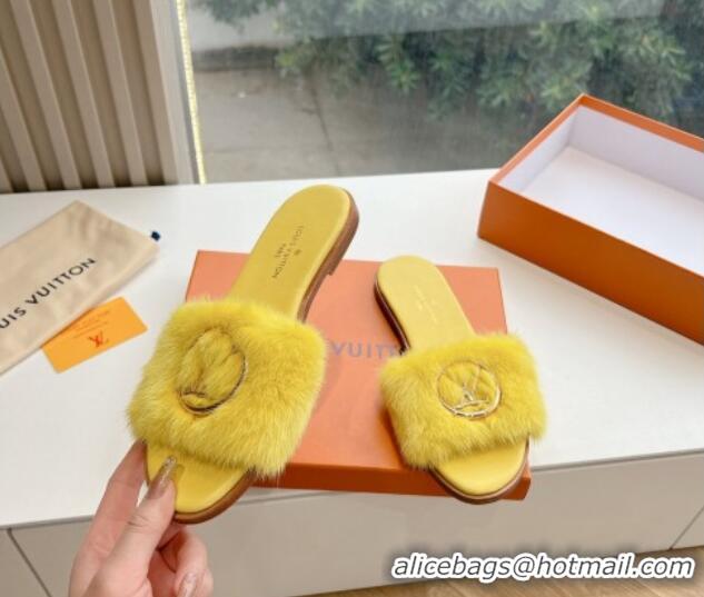 Best Grade Louis Vuitton LV Mink Fur Flat Slide Sandals Yellow 0320075