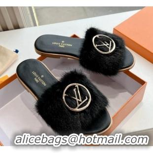 Grade Quality Louis Vuitton LV Mink Fur Flat Slide Sandals Black 0320076