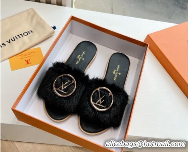 Grade Quality Louis Vuitton LV Mink Fur Flat Slide Sandals Black 0320076