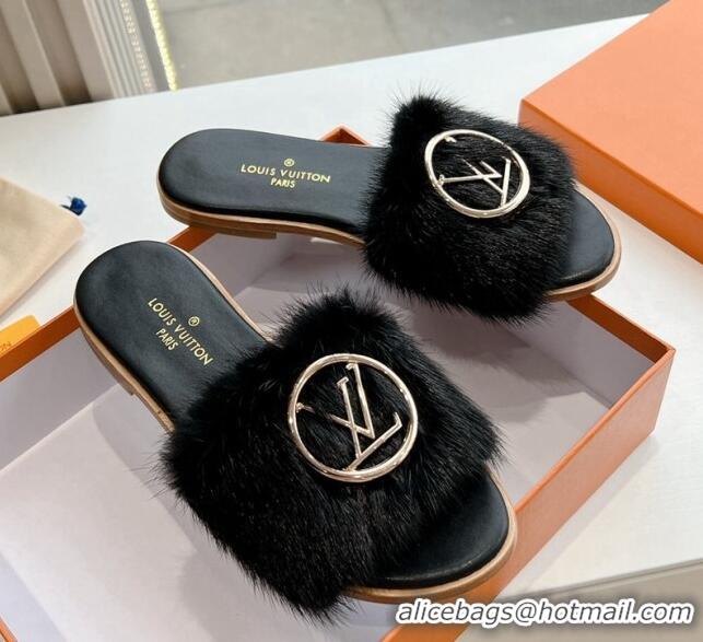 Grade Quality Louis Vuitton LV Mink Fur Flat Slide Sandals Black 0320076