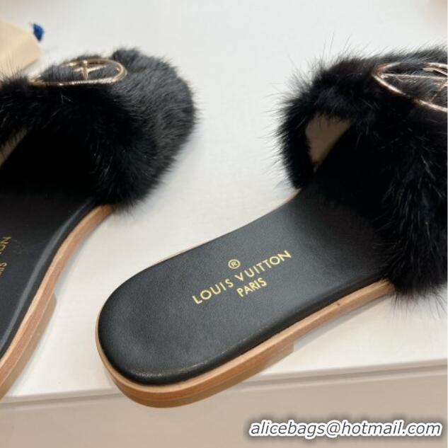 Grade Quality Louis Vuitton LV Mink Fur Flat Slide Sandals Black 0320076