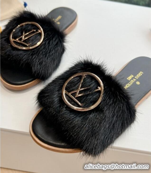 Grade Quality Louis Vuitton LV Mink Fur Flat Slide Sandals Black 0320076