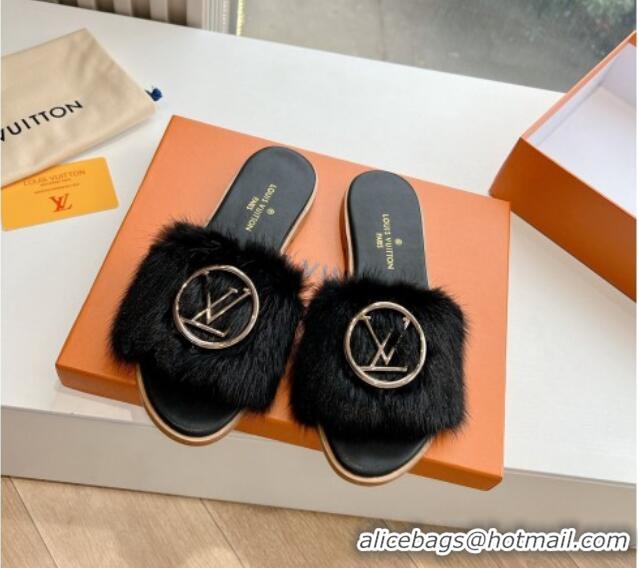 Grade Quality Louis Vuitton LV Mink Fur Flat Slide Sandals Black 0320076