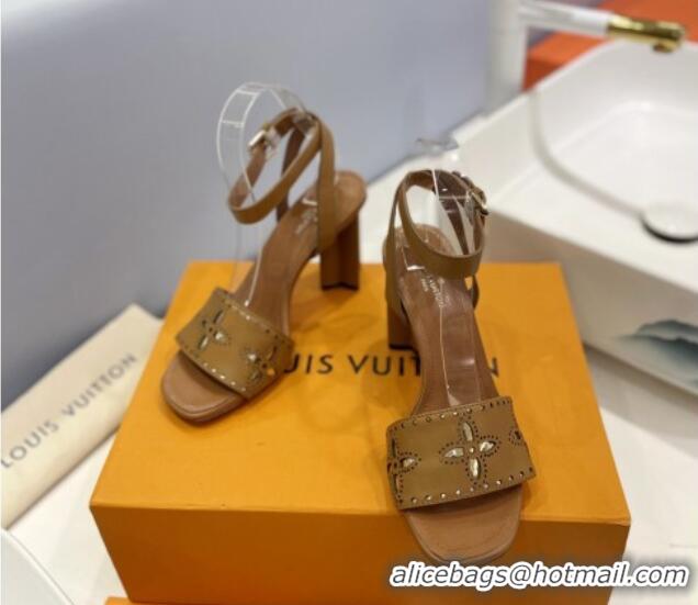 Top Grade Louis Vuitton Monogram Bloom Sandals 8cm in Cutout Calf Leather Brown 0320083