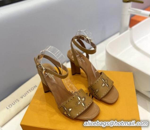 Top Grade Louis Vuitton Monogram Bloom Sandals 8cm in Cutout Calf Leather Brown 0320083