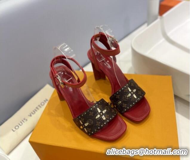 Charming Louis Vuitton Monogram Bloom Sandals 8cm in Cutout Monogram Canvas/Red Leather 0320085