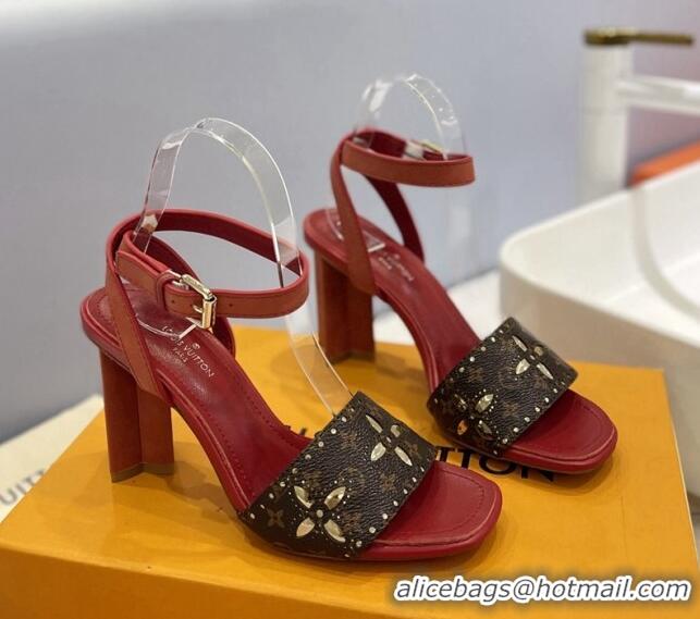 Charming Louis Vuitton Monogram Bloom Sandals 8cm in Cutout Monogram Canvas/Red Leather 0320085