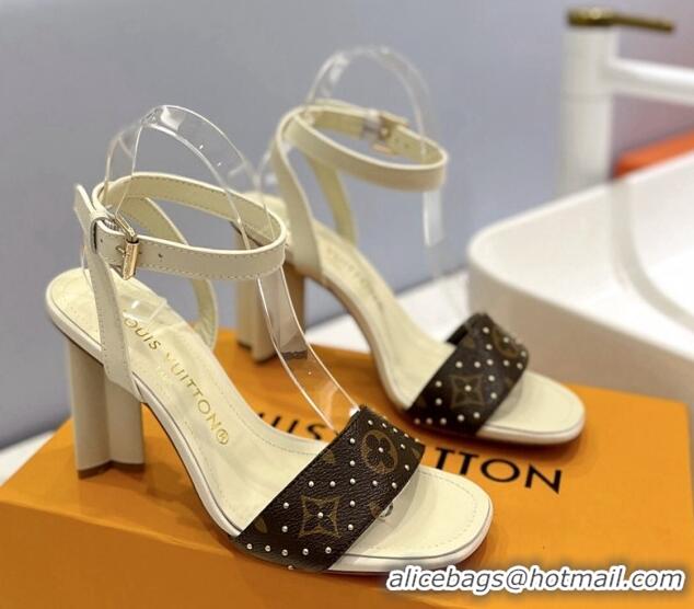 Most Popular Louis Vuitton Heel Sandals 8cm in Monogram Canvas and Leather with Studs Light Beige 320089