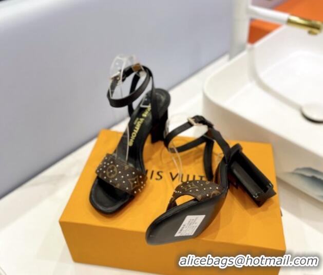 Luxurious Louis Vuitton Heel Sandals 8cm in Monogram Canvas and Leather with Studs Black 320090