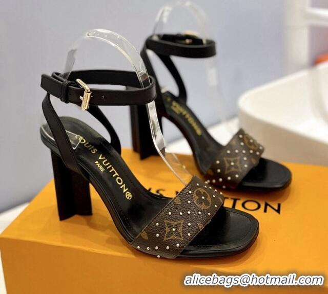 Luxurious Louis Vuitton Heel Sandals 8cm in Monogram Canvas and Leather with Studs Black 320090