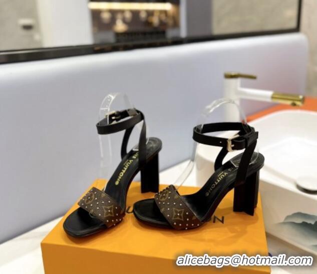 Luxurious Louis Vuitton Heel Sandals 8cm in Monogram Canvas and Leather with Studs Black 320090