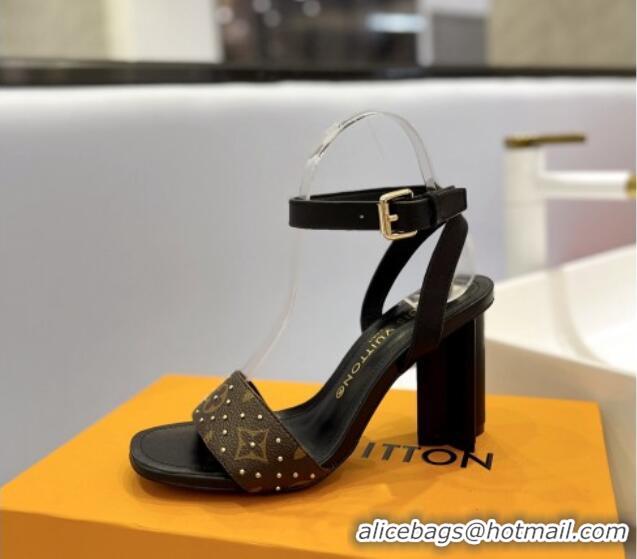 Luxurious Louis Vuitton Heel Sandals 8cm in Monogram Canvas and Leather with Studs Black 320090