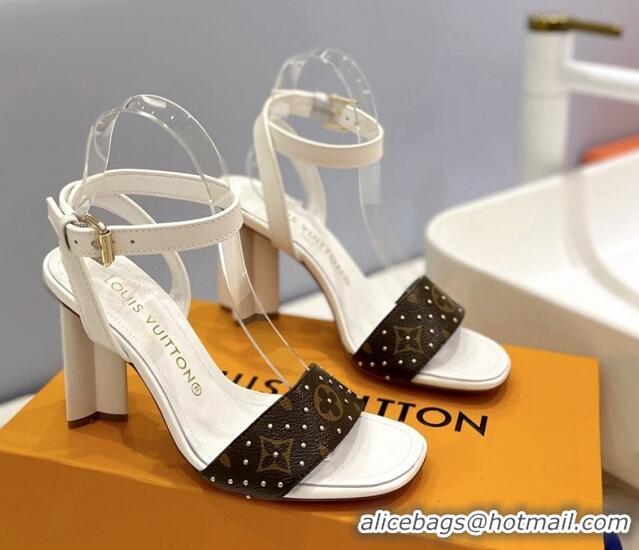 Perfect Louis Vuitton Heel Sandals 8cm in Monogram Canvas and Leather with Studs White 0320091