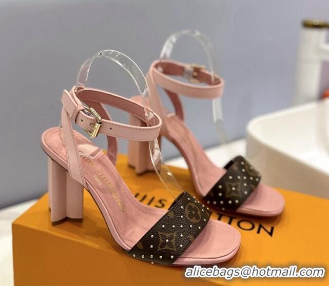 Top Design Louis Vuitton Heel Sandals 8cm in Monogram Canvas and Leather with Studs Light Pink 0320092