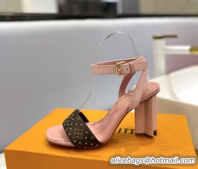 Top Design Louis Vuitton Heel Sandals 8cm in Monogram Canvas and Leather with Studs Light Pink 0320092