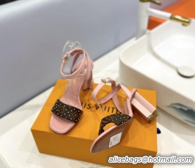 Top Design Louis Vuitton Heel Sandals 8cm in Monogram Canvas and Leather with Studs Light Pink 0320092