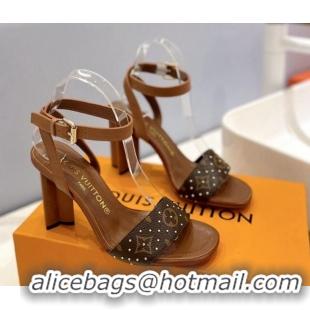 Big Discount Louis Vuitton Heel Sandals 8cm in Monogram Canvas and Leather with Studs Brown 320093