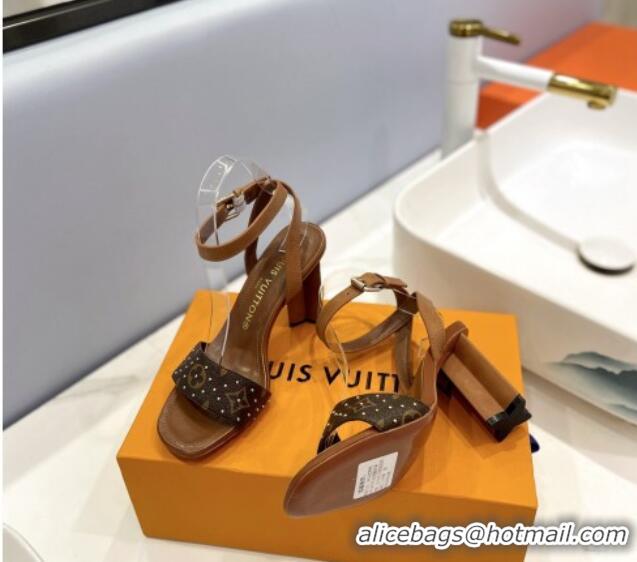 Big Discount Louis Vuitton Heel Sandals 8cm in Monogram Canvas and Leather with Studs Brown 320093