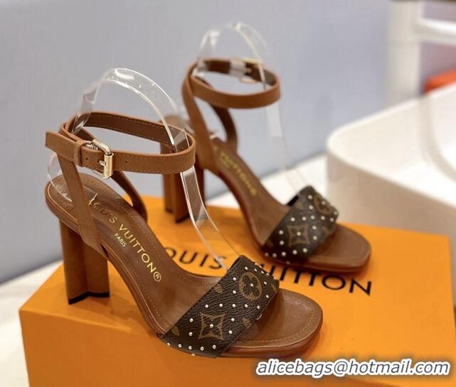 Big Discount Louis Vuitton Heel Sandals 8cm in Monogram Canvas and Leather with Studs Brown 320093