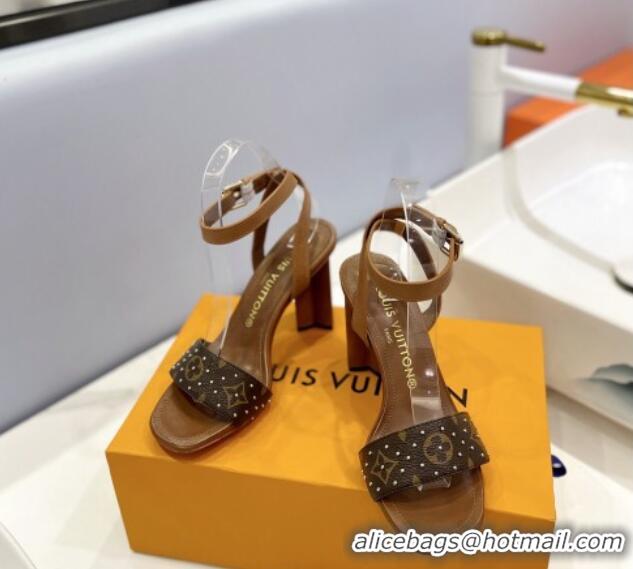 Big Discount Louis Vuitton Heel Sandals 8cm in Monogram Canvas and Leather with Studs Brown 320093