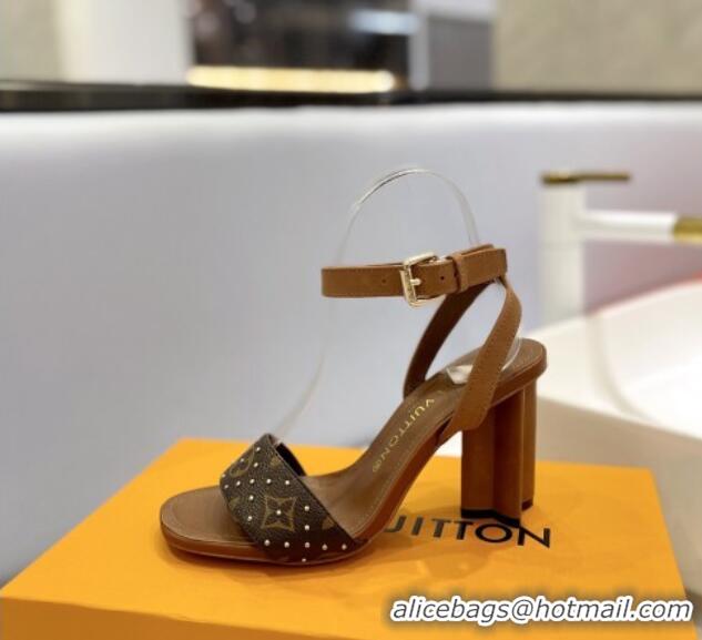 Big Discount Louis Vuitton Heel Sandals 8cm in Monogram Canvas and Leather with Studs Brown 320093