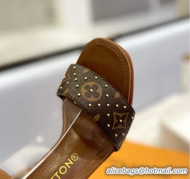 Big Discount Louis Vuitton Heel Sandals 8cm in Monogram Canvas and Leather with Studs Brown 320093