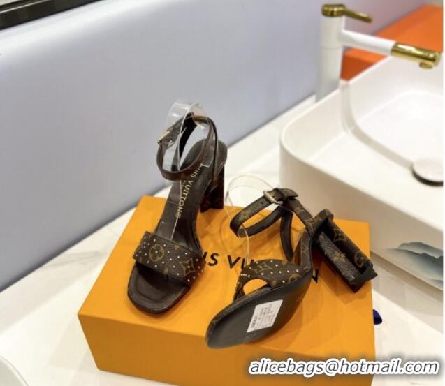 Purchase Louis Vuitton Heel Sandals 8cm in Monogram Canvas and Leather with Studs Dark Brown 0320094