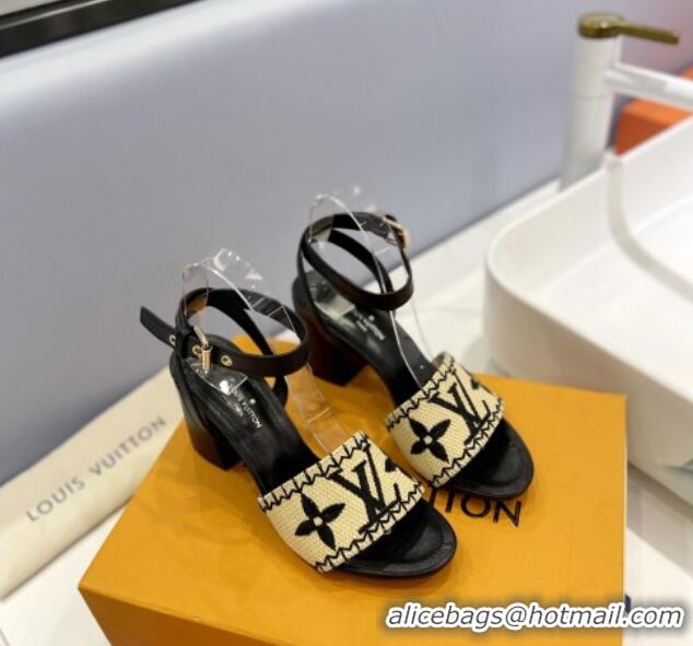 Perfect Louis Vuitton Heel Sandals 7.5cm in Monogram Raffia Straw Black 0320095